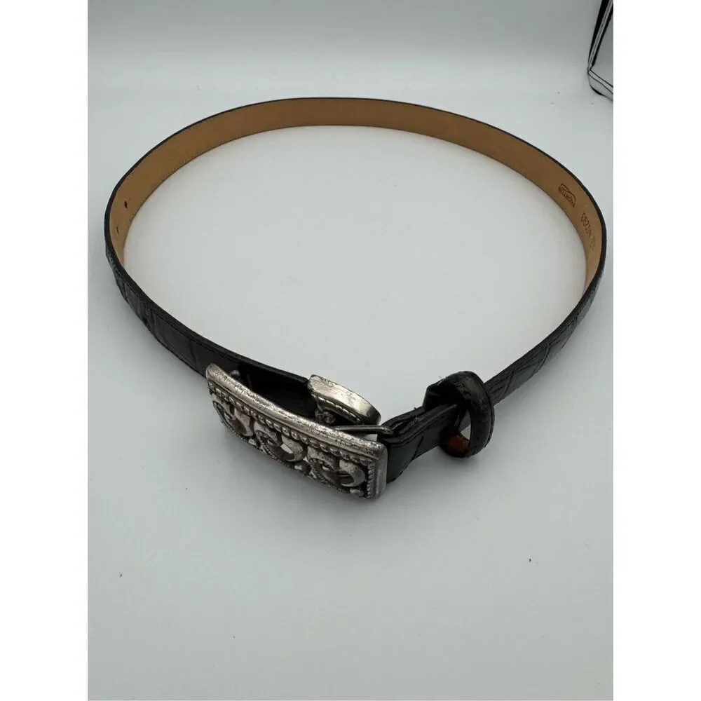 Brighton Womens 90s Black Silvertone Triple Heart Pin Buckle Leather Belt Medium
